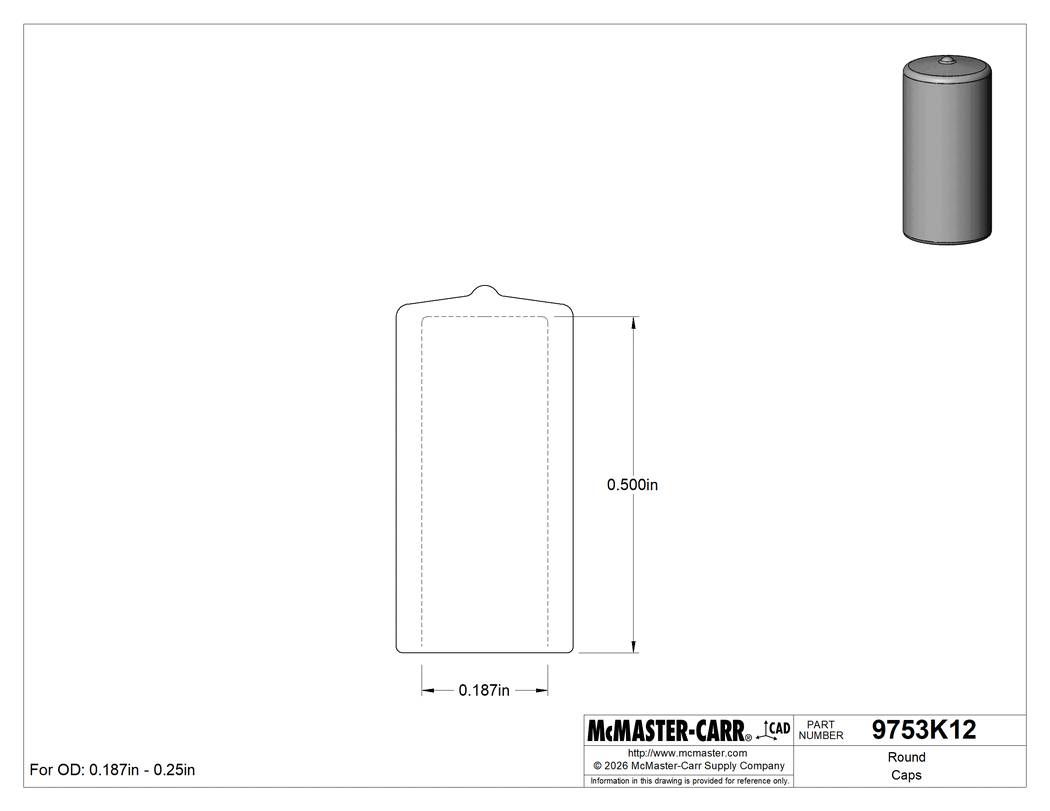 Technical Drawing of Round Caps, for 3/16" to 1/4" OD, 1/2" Inside Height, Black.